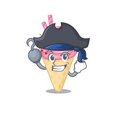 Strawberry ice cream cartoon design style as a Pirate with hook hand and a hat