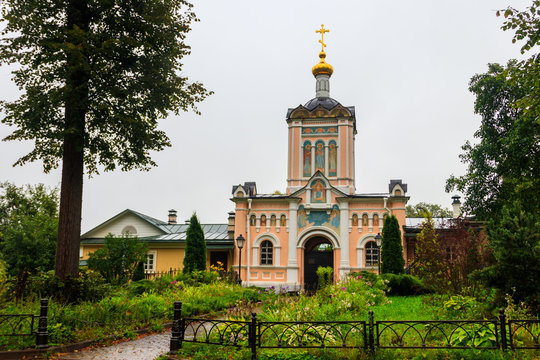 Gate Church of St. John Baptist Skete of Optina Monastery. Optina Pustyn (literally Opta's hermitage) is an Eastern Orthodox monastery near Kozelsk in Russia