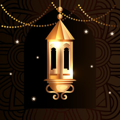 ramadan kareem poster with lantern hanging vector illustration design
