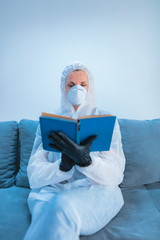 Self-isolation and sitting at home, doing hobbies, reading book, prevention, hysteria, fear of...