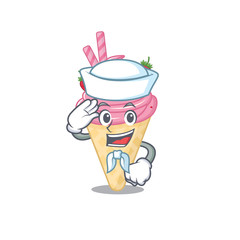 Sailor cartoon character of strawberry ice cream with white hat