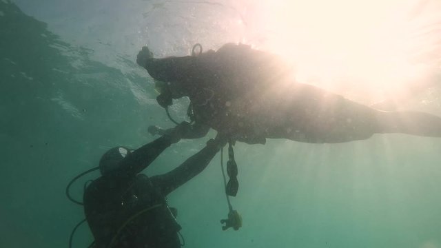 Underwater shot of an experienced scuba diver teaching, taking care and helping a newbie