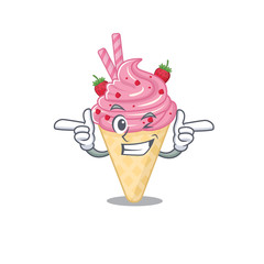 Cartoon design concept of strawberry ice cream with funny wink eye