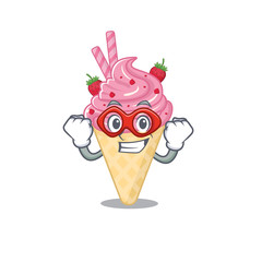 A cartoon character of strawberry ice cream performed as a Super hero
