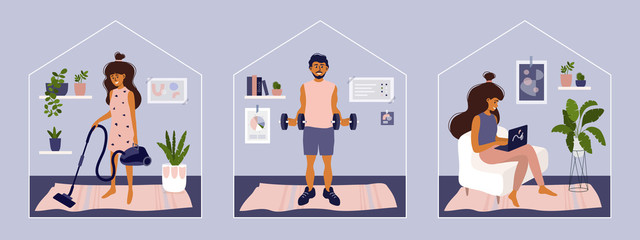 Stay or work from home. Girl doing housework, working on laptop. Man does exercise. Gym, sport, fitness training at home. Stay positive and healthy. Isolation, coronavirus quarantine. Illustration set