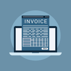 Online digital invoice laptop or notebook with bills, flat design