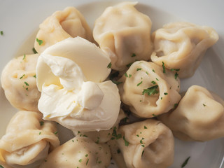 Serving of large traditional Russian style dumplings with meat an sour cream on a white plate, close up.