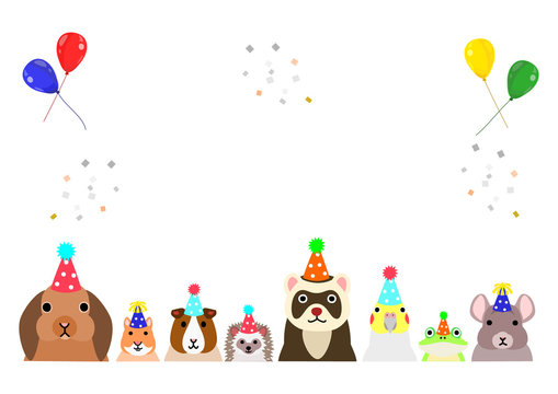happy pet animals with party hat border
