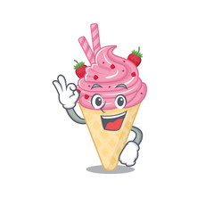 Strawberry ice cream mascot design style with an Okay gesture finger