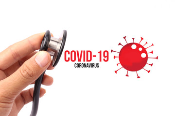 medical word concept for coronavirus  'covid-19' with stethoscope on white background