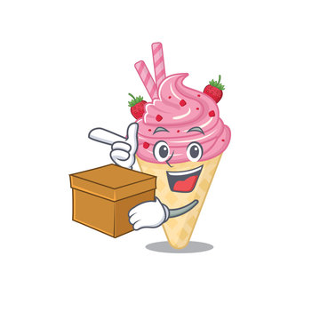 An picture of strawberry ice cream cartoon design concept holding a box