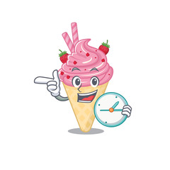 Strawberry ice cream mascot design concept smiling with clock