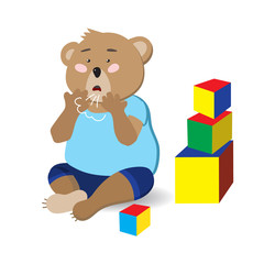 Fototapeta premium Cute baby bear illustrated flu symptom: cough. Character in flat style isolated on white background. For kids places