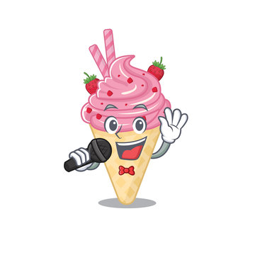 Talented singer of strawberry ice cream cartoon character holding a microphone