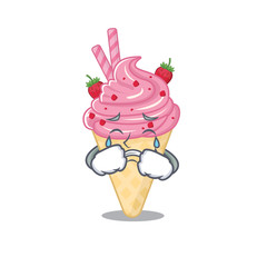 Cartoon character design of strawberry ice cream with a crying face
