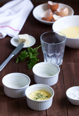 Ingredients and accessories for making omelet. Rustic style.