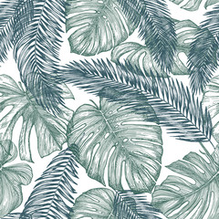 Botanical seamless pattern with leaves of tropical plants on white background. Hand-drawn outlines was converted in vector image. Exotic plants mint green colour. Jungle foliage illustration. Paradise
