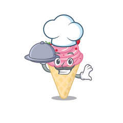 Strawberry ice cream chef cartoon character serving food on tray