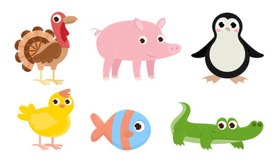 Different kinds of funny cute domestic and wild animals vector illustration