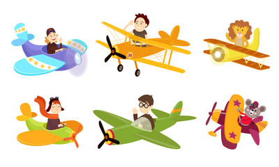 People and animals pilots riding small planes over white background