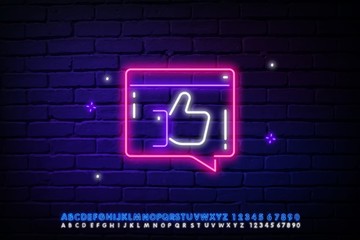 Communication neon sign. Illuminated sign with the hand and the finger up . Night bright advertising. Vector illustration in neon style for conversation and messaging
