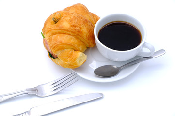 Breakfast served with coffee, croissants. Balanced diet.
