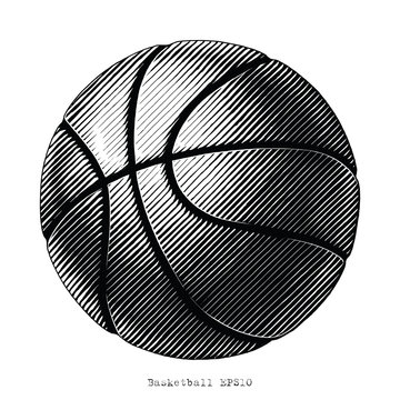 Basketball Hand Draw Vinatge Style Black And White Clip Art Isolated On White Background