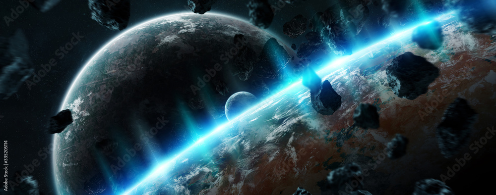 Poster Distant planet system in space with exoplanets 3D rendering elements of this image furnished by NASA
