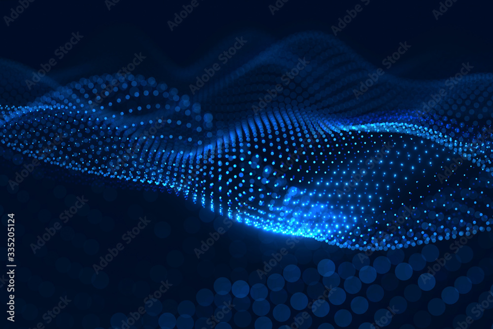 Poster Moving neon blue dots pattern forming a digital network connection on dark background