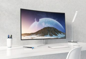 Curved monitor on white desktop concrete interior mockup 3D rendering - obrazy, fototapety, plakaty