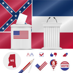 Presidential elections in Mississippi. Vector flag, ballot box, speaker's podium, map and voting icon set