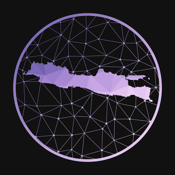 Java icon. Vector polygonal map of the island. Java icon in geometric style. The island map with purple low poly gradient on dark background. Technology, internet, network, telecommunication concept.