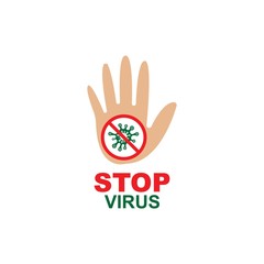 Say STOP to virus, bacteria, fungi and infections. Vector illustration of virus with red stop sign and hand gesture stop on white background