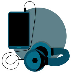 blue phone and big wired headphones. Concept for online music, audio book, podcast and audio guide. Illustration in flat style. 