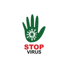 Say STOP to virus, bacteria, fungi and infections. Vector illustration of virus with red stop sign and hand gesture stop on white background