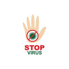 Say STOP to virus, bacteria, fungi and infections. Vector illustration of virus with red stop sign and hand gesture stop on white background