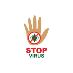 Say STOP to virus, bacteria, fungi and infections. Vector illustration of virus with red stop sign and hand gesture stop on white background