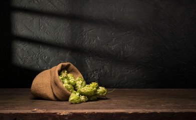 Green hops, malt, ears of barley and wheat, ingredients to make beer and bread, agricultural...