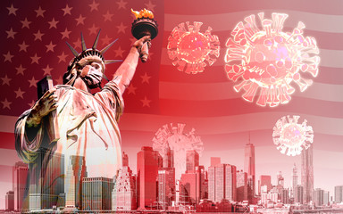The Statue of Liberty with mask and coronavirus or covid-19 outbreak in United States background