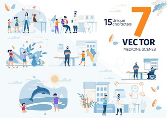 Naklejka premium Veterinarian, Family Doctor, Pediatrician, Physical Therapist, Medical Practitioner Work Scene, Daily Situations Set. Veterinary Medicine, Healthcare Services Concepts Trendy Flat Vector Illustrations
