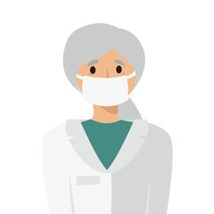 illustration of aelderly woman doctor, nurse with gray hair in a medical mask on her face. protection against diseases, viruses, infections. healthy lifestyle. for design, articles, blog, posters.