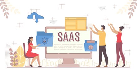 People Use Saas Business Cloud System Wireless Technology Trend for Business Development Management, Control and Easy Work in Team. Tiny Worker and Huge Computer Screen. Vector Illustration