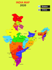 Popular cities in India.India map in 2020 with colouring state.Vector illustration of  State and city map of India.