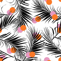 Fototapeta na wymiar Vector seamless pattern of silhouette palm leaves summer tropical mood prints mixed with colorful polka dots Design for fashion,fabric,web,wallpaper,wrapping and all prints
