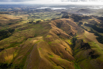 Aerial view on farmland early in the morning at Ruawai area in Northland, New Zealand.