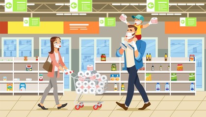 Family Stocks Groceries During a City Pandemic. Parents with their Son at Grocery Store Make Large Purchases Goods. Woman with Cart Full Groceries. Masked People Due to Spread Coronavirus