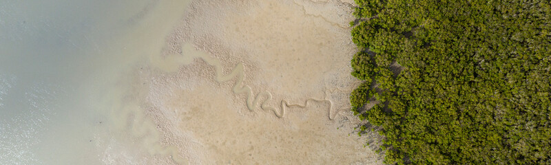 Top view of a shore in Matakohe area during low tide, New Zealand.