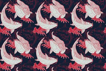 Koi carps Japanese blue red seamless pattern