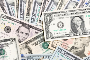 Background with money american hundred dollar bills, horizontal. Top view of business concept on background with copy space