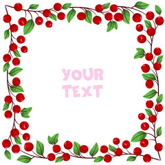 Cranberry frame; vector illustration; square border with forest berries for invitations, greeting cards, etc. - 335208180